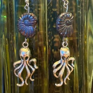 Silver Octopus and Brown Shell Earrings